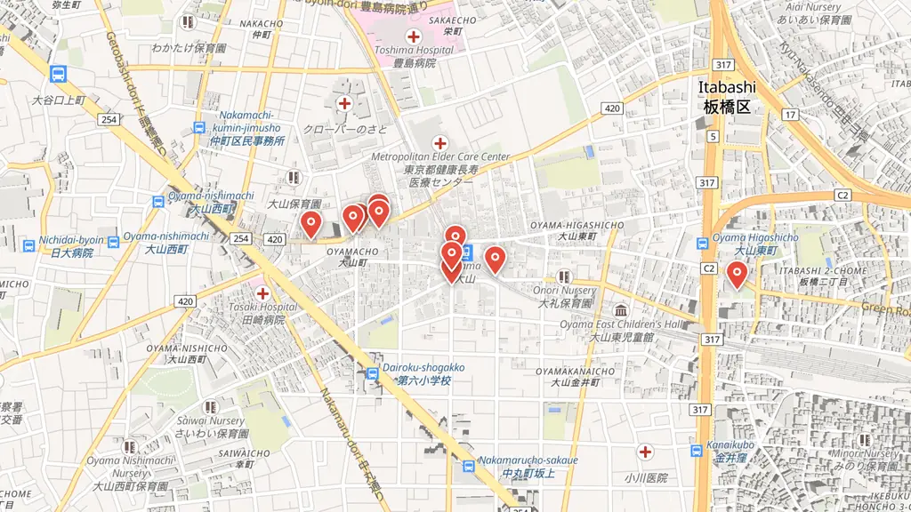 Map preview — Verified Blue Box locations around Oyama Station in Itabashi, Tokyo — the everyday neighborhood behind the series