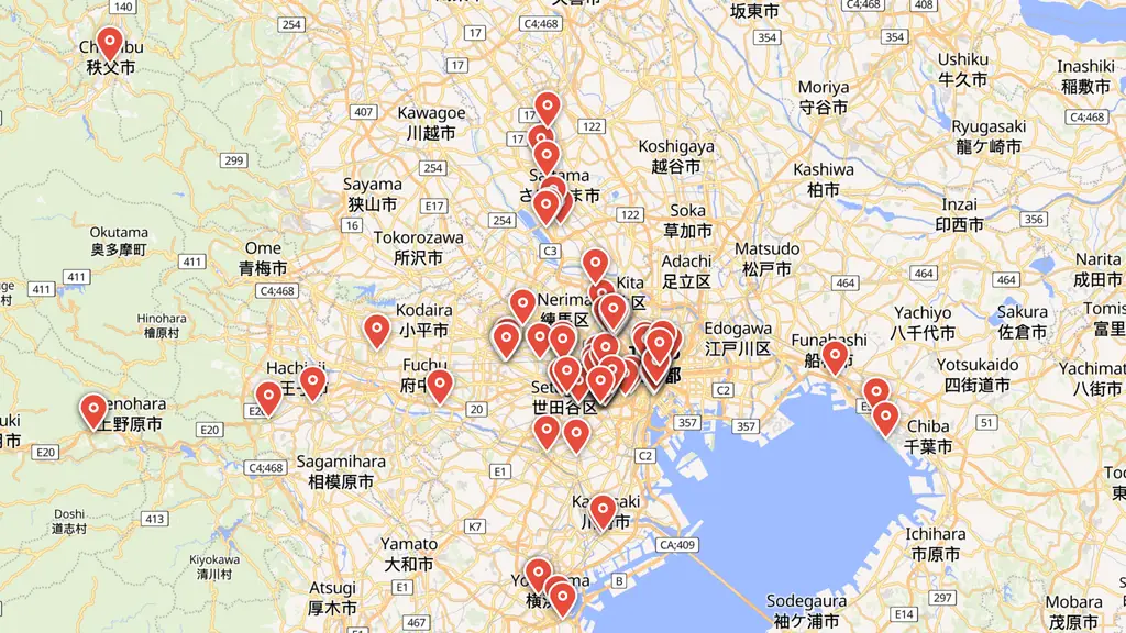 Map preview — Greater Tokyo in one frame — the densest concentration of verified anime locations in Japan, spilling into Saitama and Kanagawa