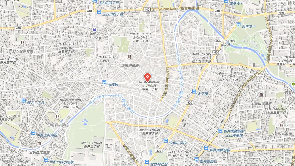Map preview — Numabukuro Hikawa Shrine — the real Musashi Shrine — two minutes from Numabukuro Station on the Seibu Shinjuku Line