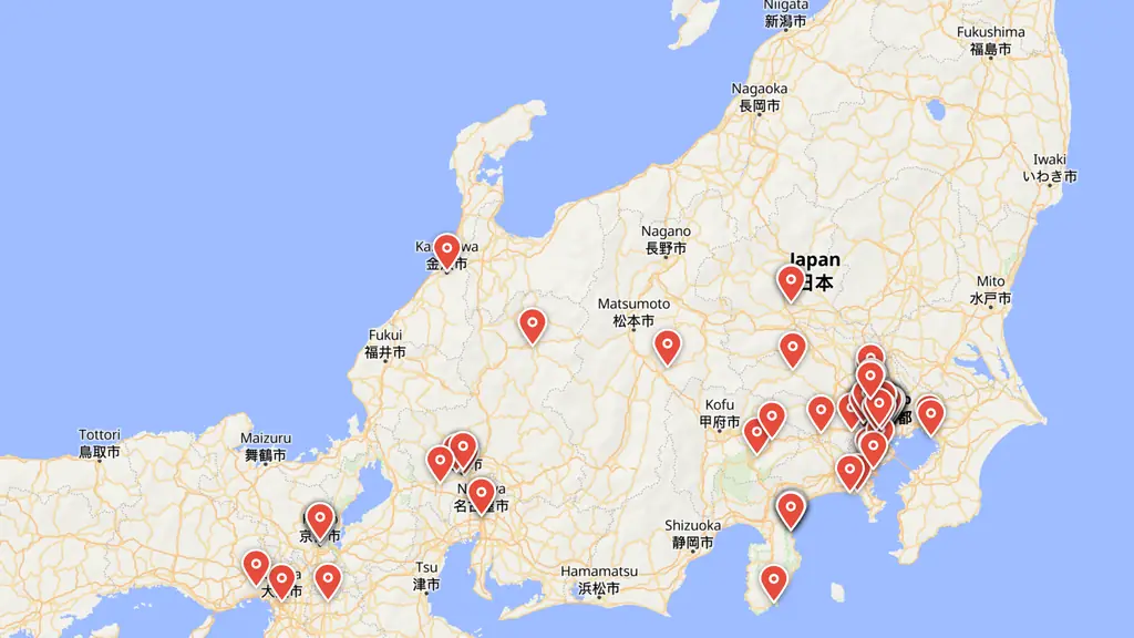 Map preview — Verified pilgrimage sites across central Japan — every pin is a real place drawn in an anime