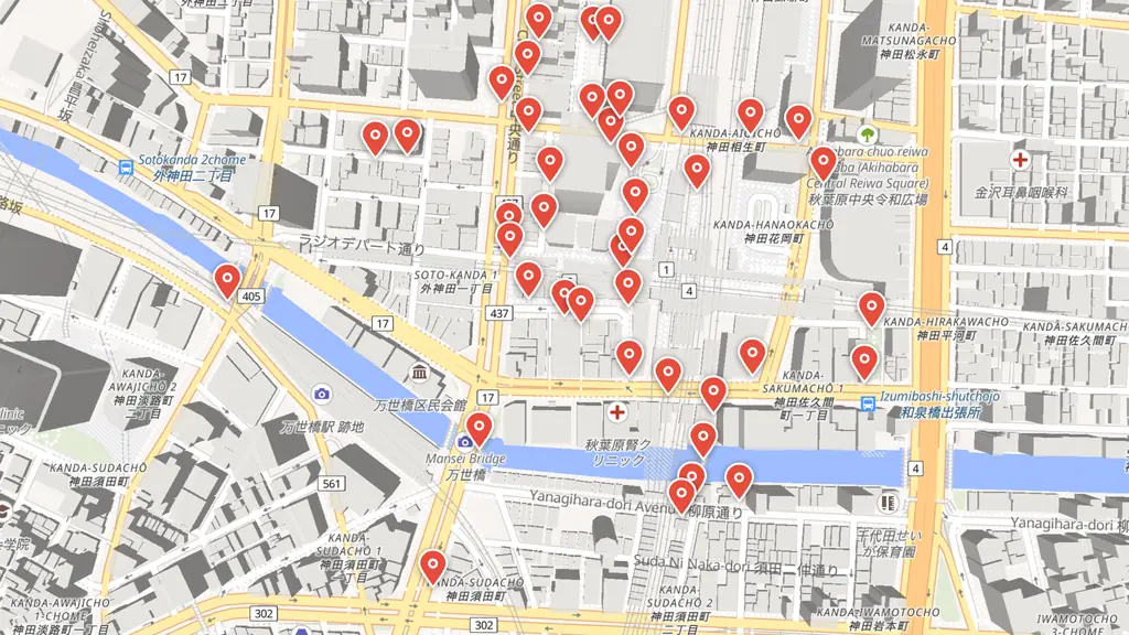 Map preview — Verified Steins;Gate locations around Radio Kaikan — the station, the alleys, and the shrine, all within a short walk