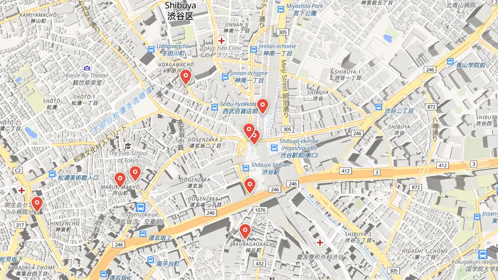 Map preview — Verified Tokyo Revengers locations around Shibuya Scramble Crossing, where the present-day timeline is set