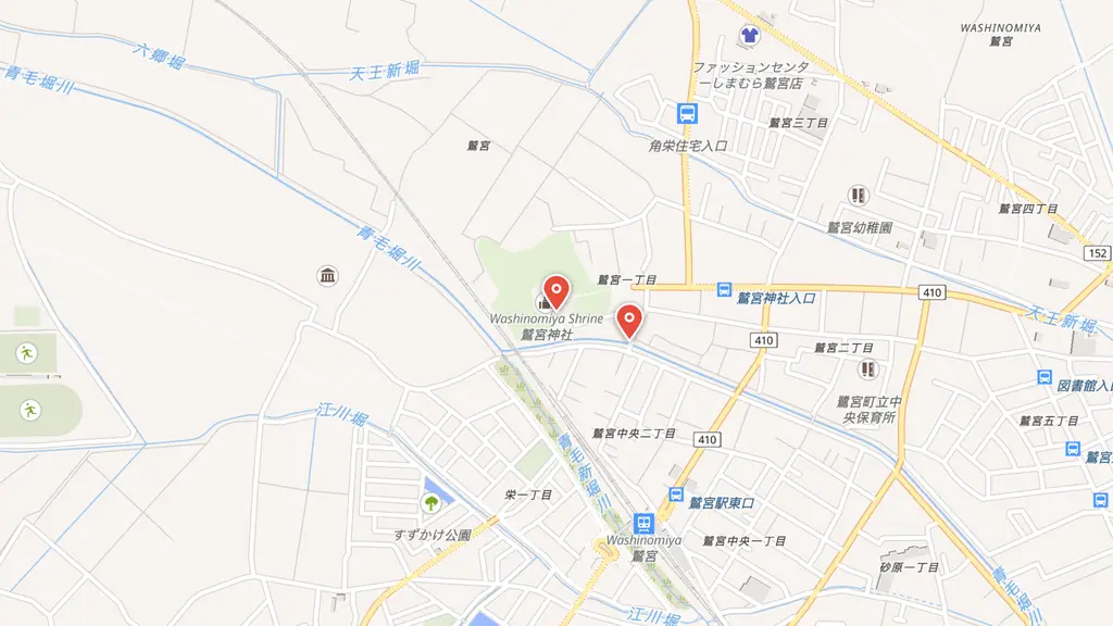 Map preview — Washinomiya Shrine, a short walk from Washinomiya Station — home ground of the Lucky Star pilgrimage and its 51 verified locations
