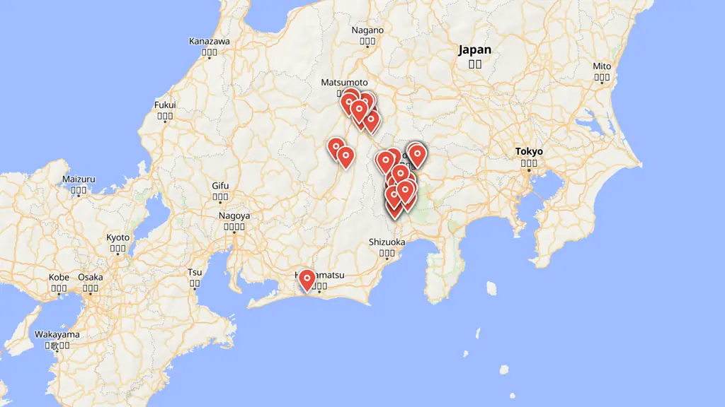 Map preview — Verified Yuru Camp△ locations around Lake Motosu, Minobu and the Kofu Basin